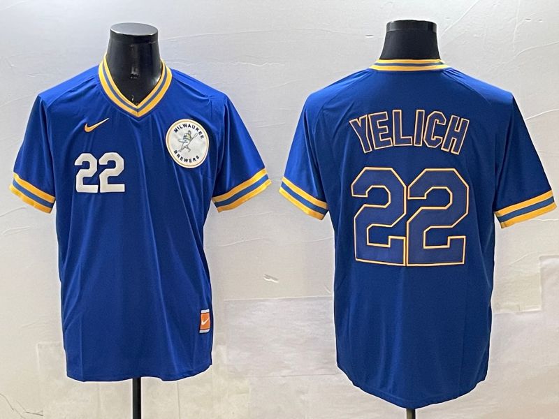 Men Milwaukee Brewers #22 Yelich Blue Throwback Game 2025 Nike MLB Jersey style 2